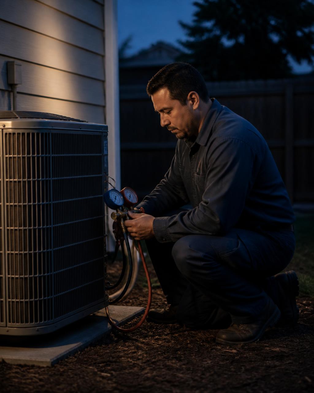 Air conditioning technician checking gauges on an outdoor condenser at dusk
